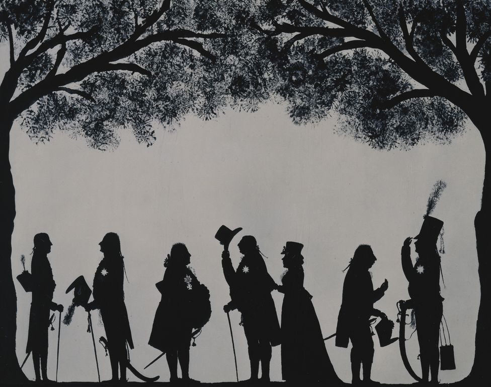 Silhouette: many well-to-do figures profile left to right.  Freize like. Trees left and right. (After an original at Althorp, collection of the late Earl Spencer)