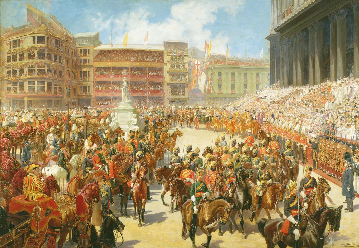 As part of the celebration of her Diamond Jubilee, Queen Victoria drove through London on 22 June 1897 with the purpose of seeing her people and receiving their congratulations. In this depiction of the scene Queen Victoria can be seen in an open State la