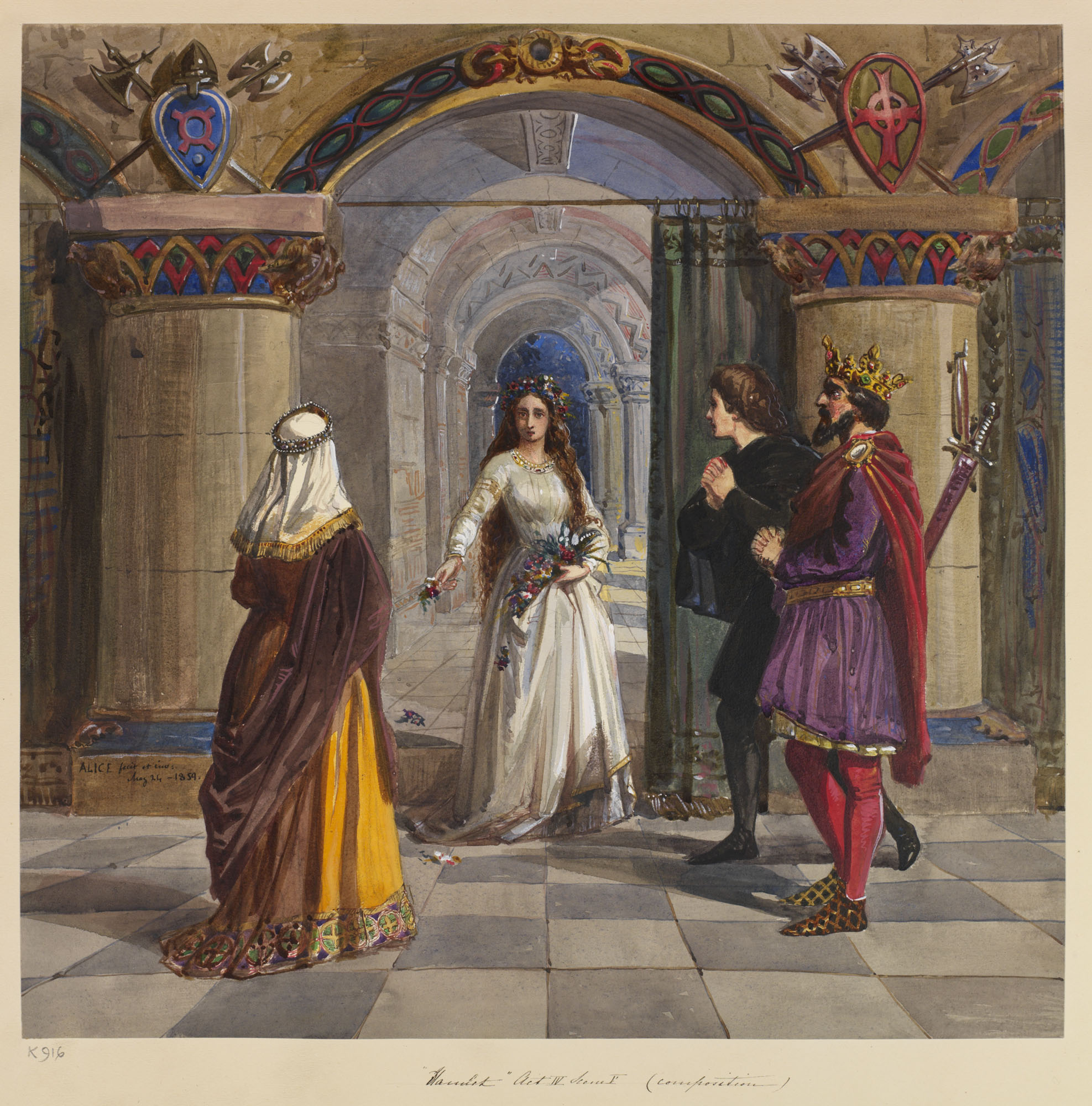 A watercolour showing Act IV, Scene V of William Shakespeare's Hamlet. Ophelia is shown in the centre, full-length and facing forward, handing out flowers to the other figures. Inscribed lower left: ALICE fecit et inv: [May] 24 - 1859. Inscribed below mou