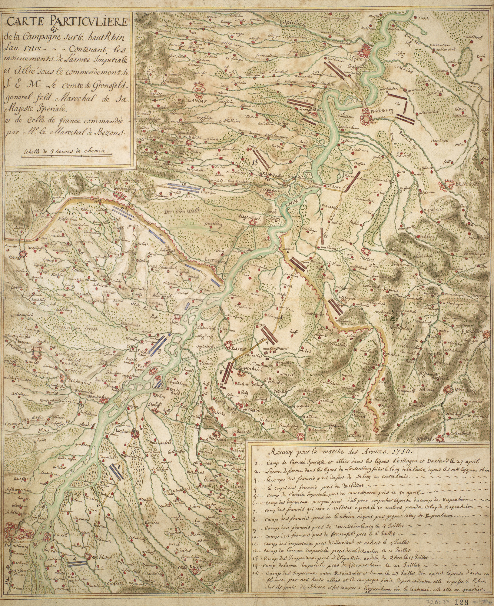 A map of the Allied and French encampments and marches along the Rhine between 27 April and 27 July 1710. War of the Spanish Succession (1701-14). Oriented with north to top. 
The map covers an area extending along the Rhine from Ketsch (49&deg;22'04"N 08