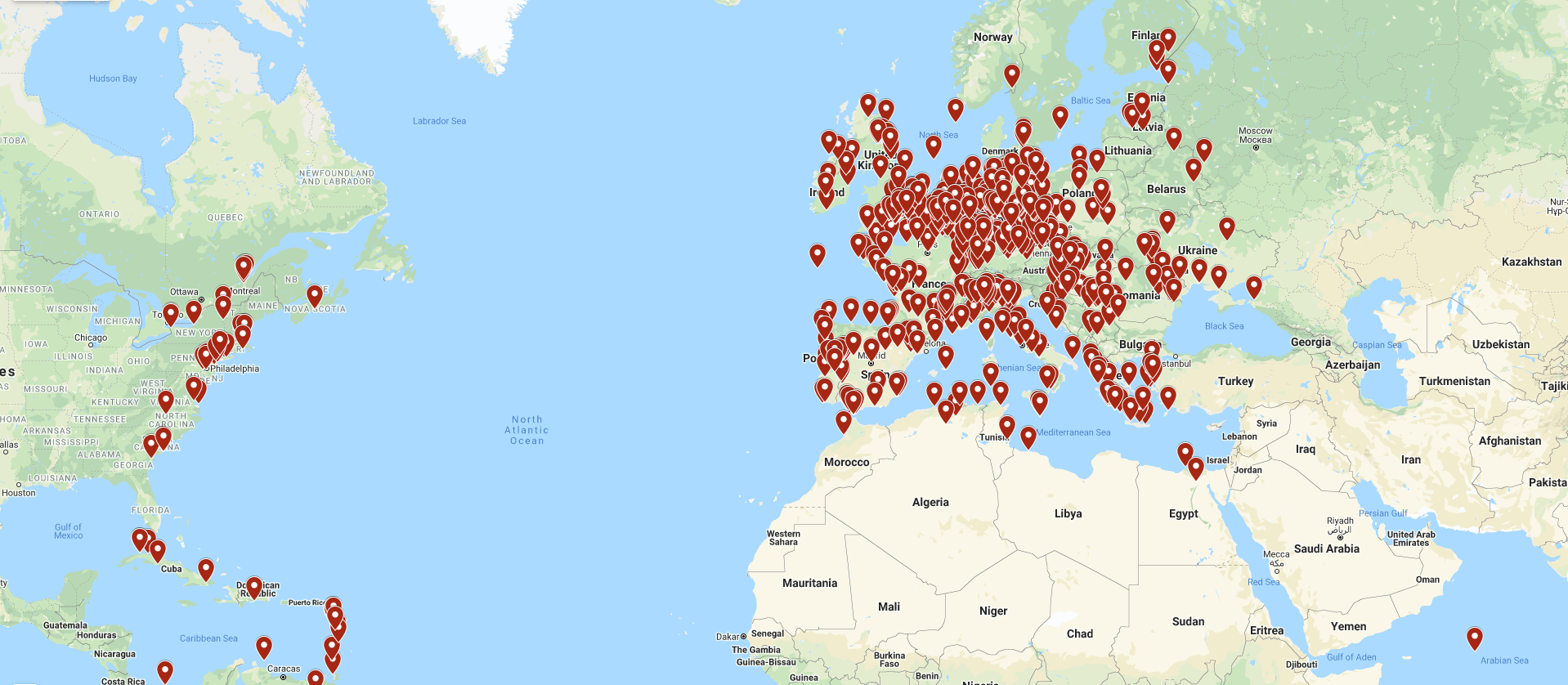 Map of the globe with pins marking selected locations