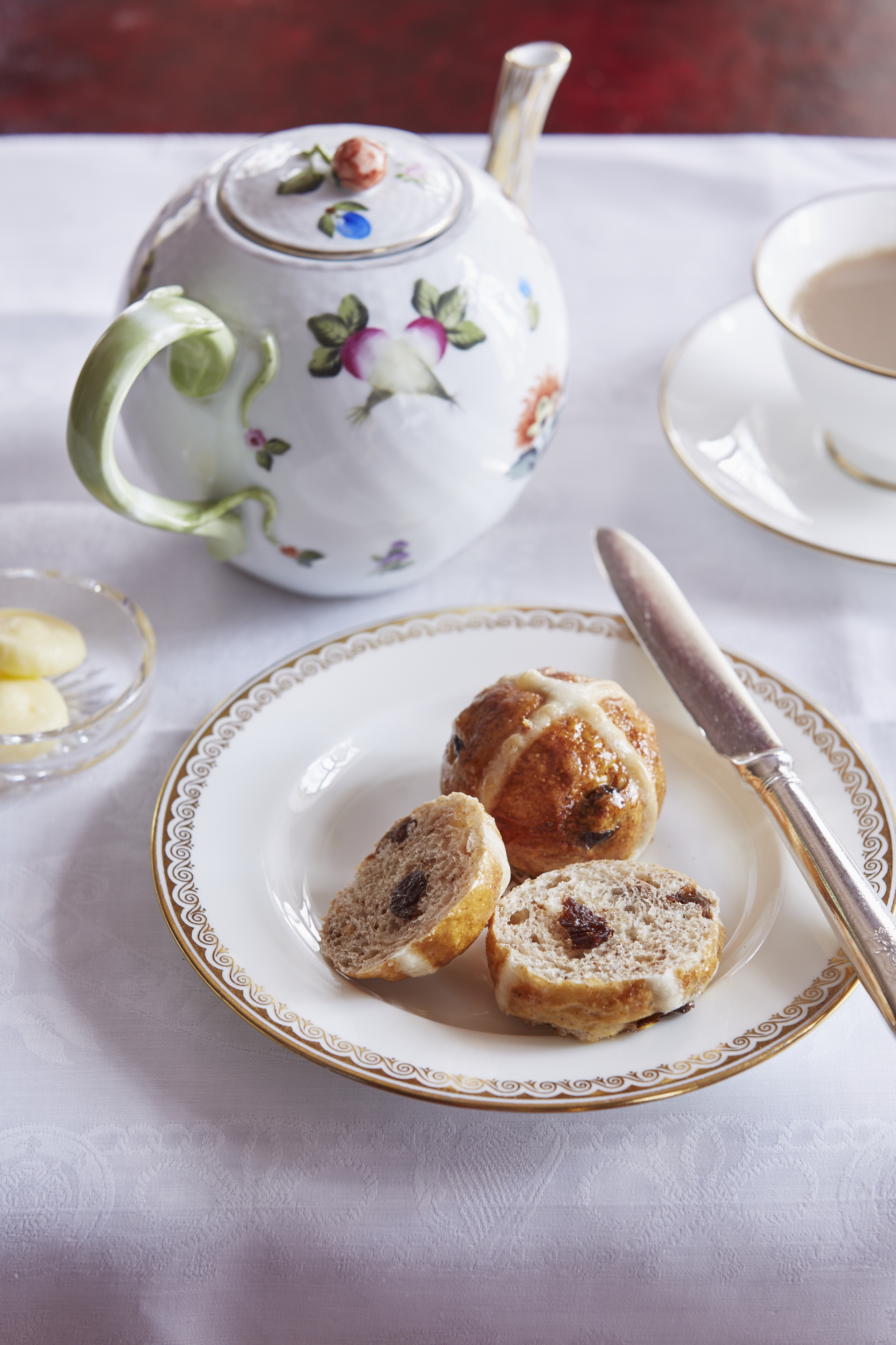 Hot cross bun and teapot