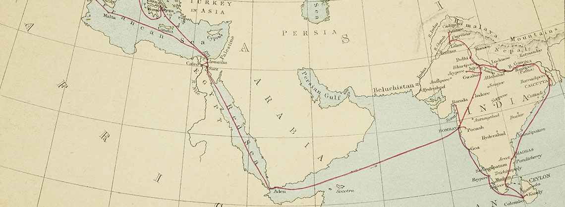 Detail from a map of India and the Middle East, showing the route of the Prince of Wales' tour