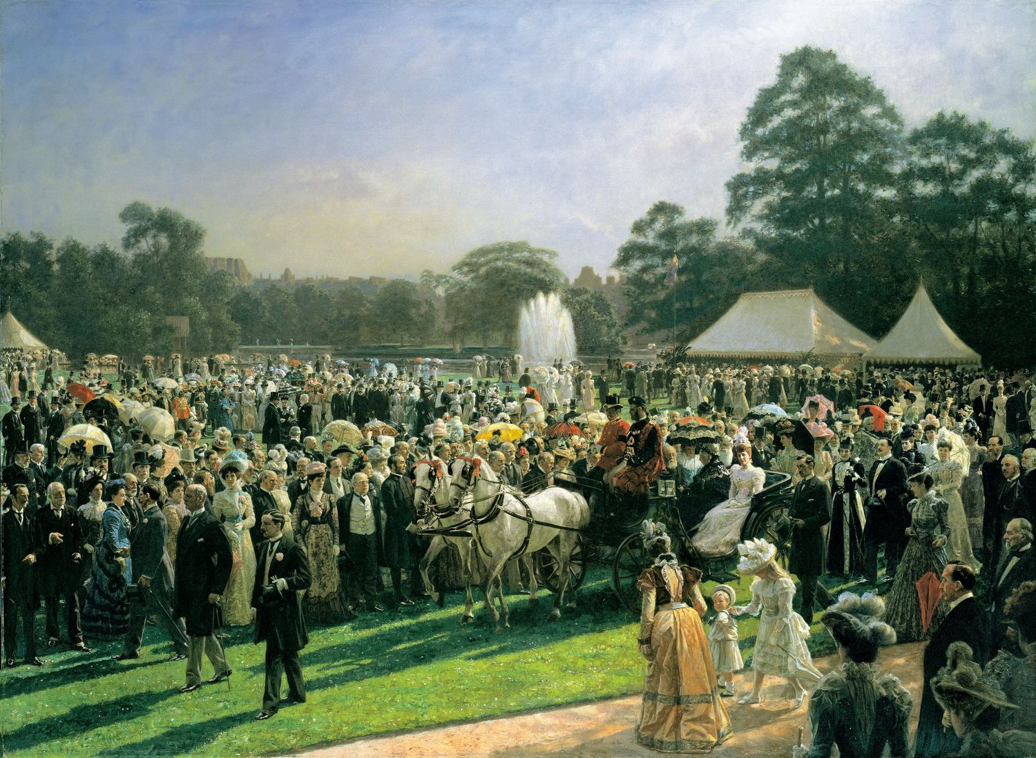 An oil painting of a garden party at Buckingham Palace. Queen Victoria and Alexandra, Princess of Wales are returning to the Palace in an open carriage pulled by two grey horses; in the garden, on the left, the Prince of Wales is conversing to a couple in