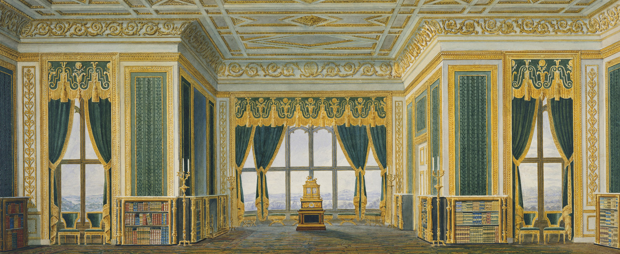 The furniture-makers Nicholas Morel and George Seddon went into partnership in 1826 to decorate George IV’s new Private Apartments in Windsor Castle. The firm produced a series of designs showing the principal elevations of each room, with the intended 