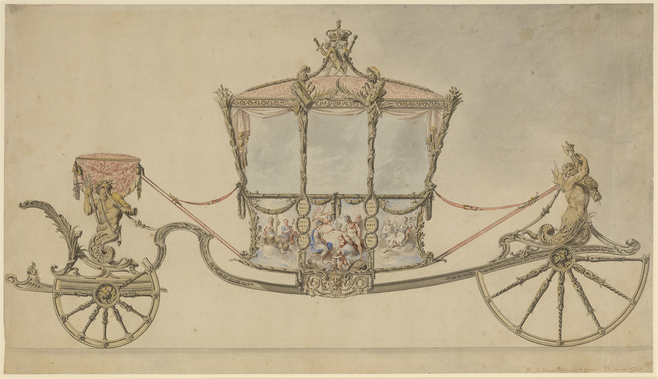 Pen and ink and watercolour design for the King's State Coach, shown from the side.
According to the official journal of the Department of the Master of the Horse for 1760, &lsquo;At the Commencement of this Reign [25 October 1760] a very superb State Coa