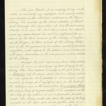 Bernard Woodward was appointed to the post of Librarian in July 1860 after the death of his predecessor, John Glover. On his appointment, Woodward was encouraged to reform the Royal Library. In this, his first report, he makes all too evident the need for