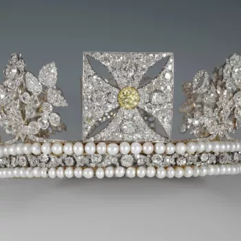 A silver and gold-lined diadem with an openwork frame set transparent with diamonds; narrow band edged with pearls, surmounted by four crosses-patt&eacute;e, the front cross set with a pale yellow brilliant, and four sprays representing the national emble