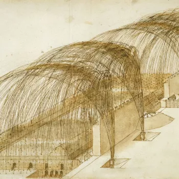 A large, formal drawing showing how a fortress wall may be breached and the bailey within subdued. Four mortars outside the walls rain stones into the fortress, while a section of wall has been undermined and has fallen into an inner ditch. Cannon placed 