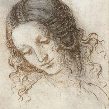 A drawing of the head of a woman turned three quarters to the left, looking down. The hair is fastened in elaborate braids, and arranged in coils over the ears. This is a study for the head of Leda in the lost painting of <em>Leda and the Swan</em>.<br>
<