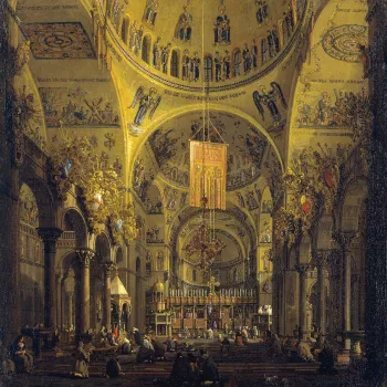 This view is from the west end of the nave up to the high altar of San Marco, with the dome of the Pentecost overhead and the dome of the Ascension beyond, partially obscured by the banner. The lives of the Apostles, with the Crucifixion of St Andrew clea