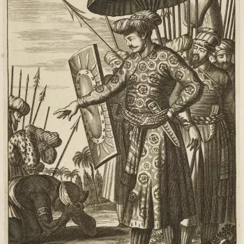 An engraving of Emperor Shah-Jahan (1592-1666). This is a plate from Principum et illustrium quorundam virorum, qui in Europa alibique terrarum, qua fama, qua eruditione celebres fuerunt, verae imagines, published by Lugduni Batavorum c.1700.