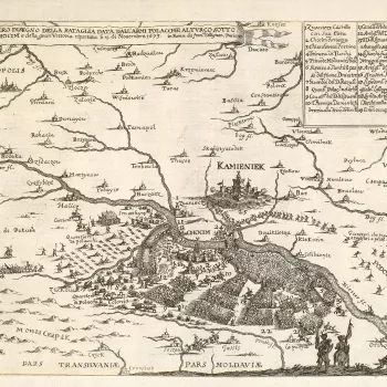 A map/high oblique view of the Battle of Choczim, fought on 11 November 1673 between the forces of the Polish-Lithuanian Commonwealth, commanded by John Sobieski (1629-96; from 1674 John III Sobieski, King of Poland and Grand Duke of Lithuania) and those 