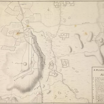 A map of the Battle of Aughrim, fought on 12 [22nd N.S.] July 1691, between the Williamite army, commanded by General Godert de Ginkell, later 1st Earl of Athlone (1630-1703), and the Irish Jacobite army, commanded by the French General Charles Chalmont, 