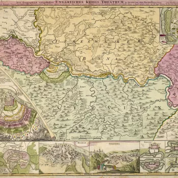 A map of the campaigns of 1716 and 1717, showing the march routes and camps, with their dates, of the Imperial and Turkish armies. Austro-Turkish War (1716-18). Oriented with north to top. 
The inclusion of the note, top right, &lsquo;Cum Privilegio S.C.M