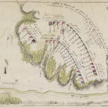 A map of the Austrian army drawn up in two lines of order of battle on the heights to the north-west of Konigshof. First Silesian War (1740-42): part of the War of the Austrian Succession (1740-48). Oriented with north-east to top.  
Konigshof is sited on