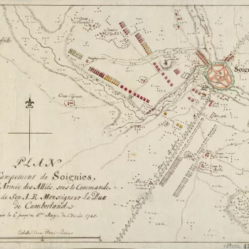 A map of the encampment of the Allied army at Soignies, 2-5 May 1745. War of the Austrian Succession (1740-48). Oriented with north to top (cardinal points). The attribution to Schultz is made on stylistic grounds.
The map is unfinished. Some of the regim