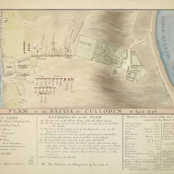 A map of the Battle of Culloden fought on 16 April 1746 between the King's army, commanded by William Augustus, Duke of Cumberland (1721-65) and the Jacobite army, under Charles Edward Stuart (1720-88) resulting in a royal victory. Jacobite Rebellion (174