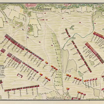 A map of the encampment of the Allied army, under the command of Prince Charles of Lorraine, 25-26 July 1746. War of the Austrian Succession (1740-48). Oriented with south to top. 
This campsite was located between Hasselt and Zonhoven. Regimental rectang