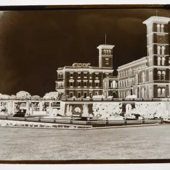 Glass plate negative of the Terrace and Pavilion Wing, Osborne House 
The glass plate negative has been photographed showing the coated side and therefore the image appears laterally reversed. Prints from this negative do not seem to exist in the Collecti