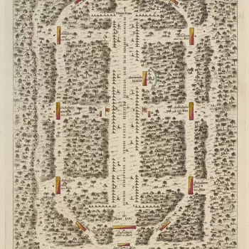 A plan of the encampment of the detachment at Little Meadows, 1755. French and Indian War (1754-63). No orientation. 
Little Meadows, Maryland (39&deg;41'57"N 79&deg;05'36"E), marked on RCIN&nbsp;731061.a as number 4, was an often used campsite by the Bri