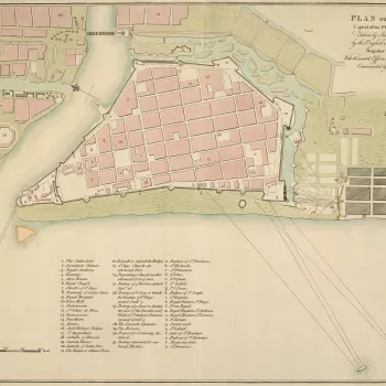 A plan of the Battle of Manila, 6 October 1762. Seven Years War (1756-63): Anglo-Spanish War (1761-63). Oriented with north-east to top. This plan is similar in virtually all respects to RCIN 733067, and may have been copied from it, or another example of