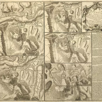 Maps of the actions between the Allied army and the French at Johannisberg (30 August 1762), won by the French, and at Gr&uuml;ningen (25 August 1762), won by the Allied army. Seven Years War (1756-63). All plans oriented with east to top (compass rose). 