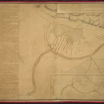 A map of the Battle of Dettingen, fought on 27 June 1743 between the Allied British, Austrian and German army, commanded by George II (1683-1760) and the French army, commanded by Marshal Adrien Maurice de Noailles, 3rd duc de Noailles (1678-1766), result