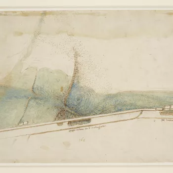 A coloured plan of a weir in the Arno two miles east of Florence, showing damage to the embankment caused by the flow of water through the weir, with notes in conventional (not mirror) writing.&nbsp;Melzi's number 168.

This exquisite map dates from a per