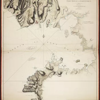 A map of the fort, town, and environs of Fort Royal to illustrate the British siege of January and February 1762. Seven Years War (1756-63). Oriented with north to top (compass rose). The printed journal, referred to in the old catalogue, and on the dummy