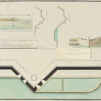 A combination reconnaissance plan and view, together with four other manuscript maps and plans at RCINs 734102.2.a-e, which appear to result from a clandestine intelligence gathering operation on the Walcheren area in December 1784 in advance of proposed 