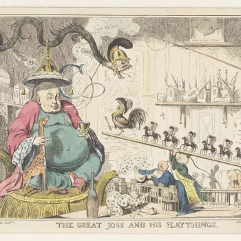 Hand-coloured etching of George IV as an obese man in Chinese dress, sitting atop a large tea-pot, smoking, and holding the neck of his pet giraffe.He sits smoking a pipe shaped as a 'C'&nbsp;for Conyngham, from which 'Oh 'tis love 'tis love 'tis love' em