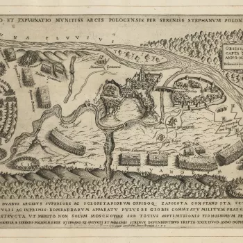 A high oblique view/map of the successful siege of Russian-held Polotsk, 9-29 August 1579, by the combined armies of the Polish-Lithuanian Commonwealth, commanded by King Stefan B&aacute;thory (27 September 1533-12 December 1586). Second Livonian War (157