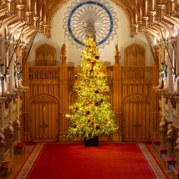 A large tree is decorated for Christmas, topped with a Garter Star