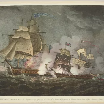 A view of the British sloop of war Little Belt, having been defeated in action with the American frigate President in the channel of Sandy Hook on 16 May 1811. Preliminary action to the War of 1812. 
This encounter between a British sloop of war and an Am