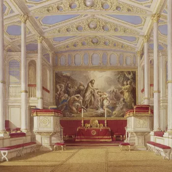 A watercolour depicting a topographical interior view of the Private Chapel at Buckingham Palace.
Morison was commissioned in 1843 by Queen Victoria and Prince Albert, who became keen collectors of the fashionable nineteenth-century watercolour genre of i