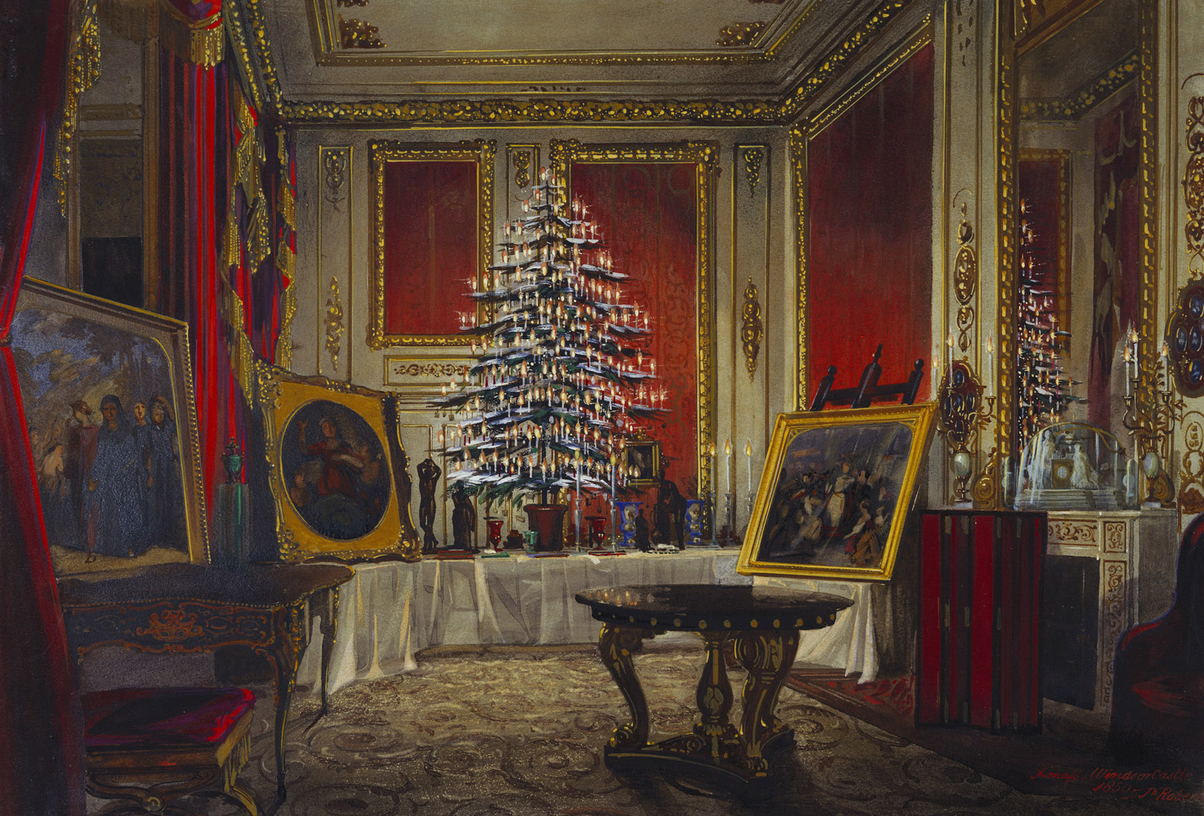 DM 4623: a decorated tree on a table with presents, paintings, and a bracelet designed by Prince Albert.  Signed, dated and inscribed.